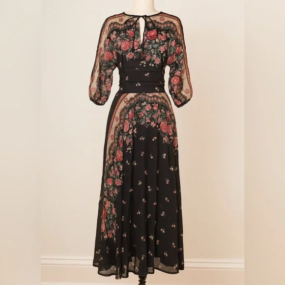 Rare 70s Vintage Chessa Davis USA Black Floral 2 Piece Long Maxi Skirt Dress 80s - Picture 1 of 7